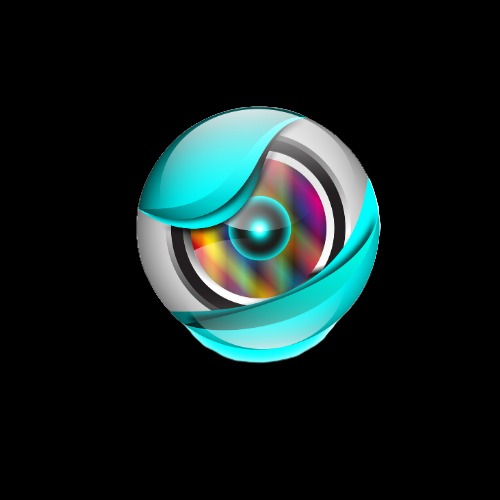 Abstrakcyjne logo w kształcie kuli z elementami turkusowymi i tęczowym wnętrzem na czarnym tle.