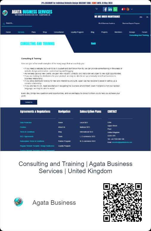 Zrzut ekranu strony internetowej firmy Agata Business Services, oferującej usługi konsultingu i szkolenia w zakresie tworzenia stron internetowych, z widocznymi sekcjami nawigacji, treści i stopki,...