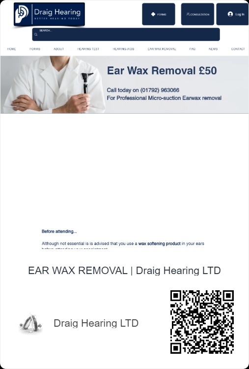 Strona internetowa firmy Draig Hearing LTD oferująca usługę usuwania woskowiny usznej, prezentująca lekarza w białym kitlu z otoskopem.