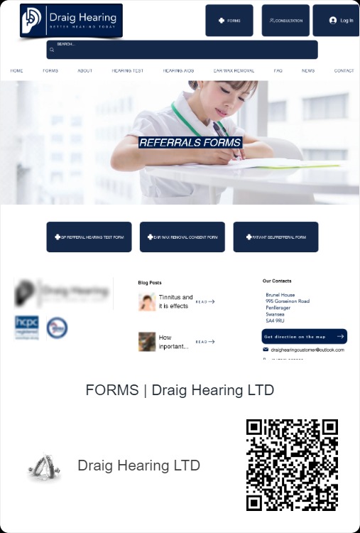 Zrzut ekranu strony internetowej firmy Draig Hearing LTD, prezentujący formularze kontaktowe i informacje o usługach związanych ze słuchem, z kobietą w stroju medycznym wypełniającą dokumenty w tle.