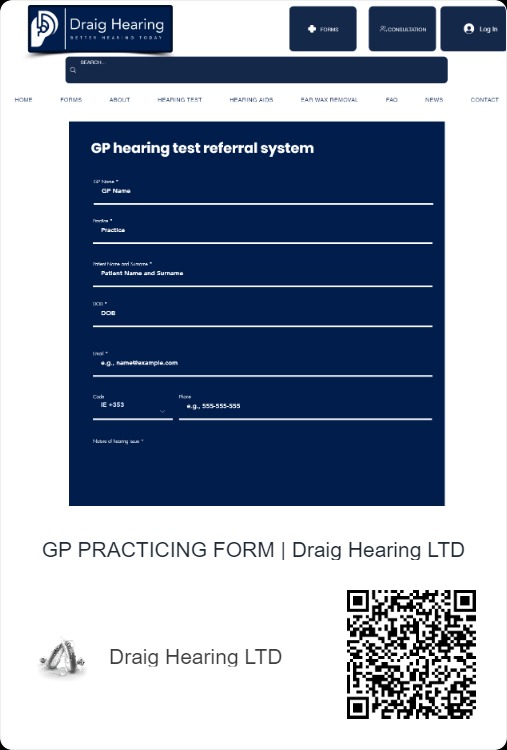 Zrzut ekranu strony internetowej Draig Hearing LTD prezentujący formularz GP hearing test referral system z polami do wypełnienia, logo firmy w lewym górnym rogu oraz kod QR w prawym dolnym rogu.