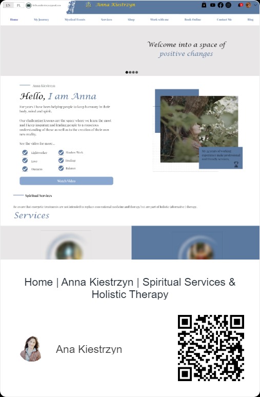 Strona internetowa z minimalistycznym designem, prezentująca ofertę usług duchowych i holistycznych, z elementami graficznymi i tekstem powitalnym.