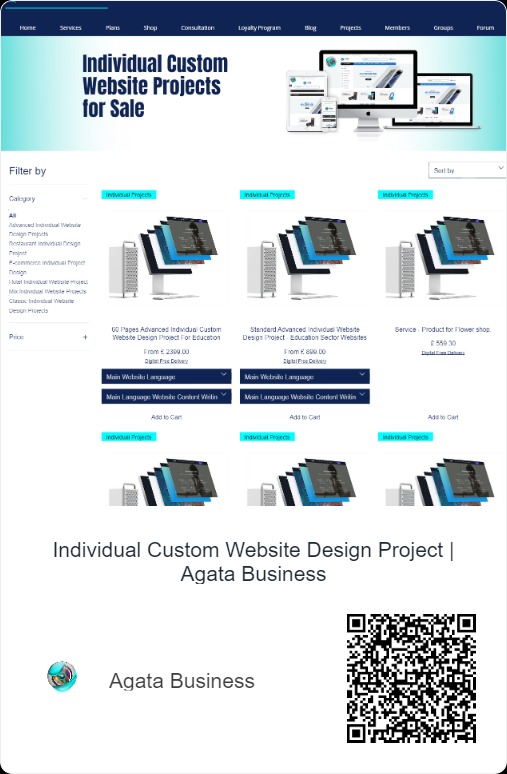 Sklep internetowy z ofertami projektów stron internetowych, prezentujący wizualizacje na ekranach różnych urządzeń i warstwowe grafiki symbolizujące projekty, z możliwością filtrowania i dodawania...