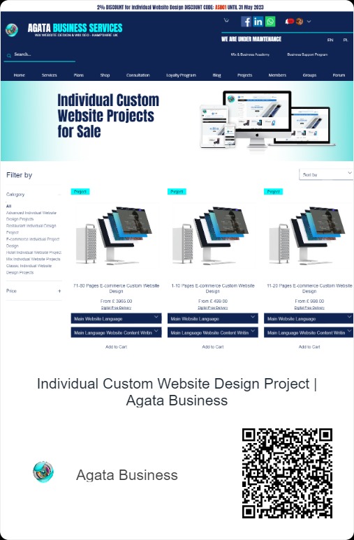 Sklep internetowy z projektami stron www, prezentujący oferty z różną liczbą podstron i cenami, z filtrami kategorii i języka.