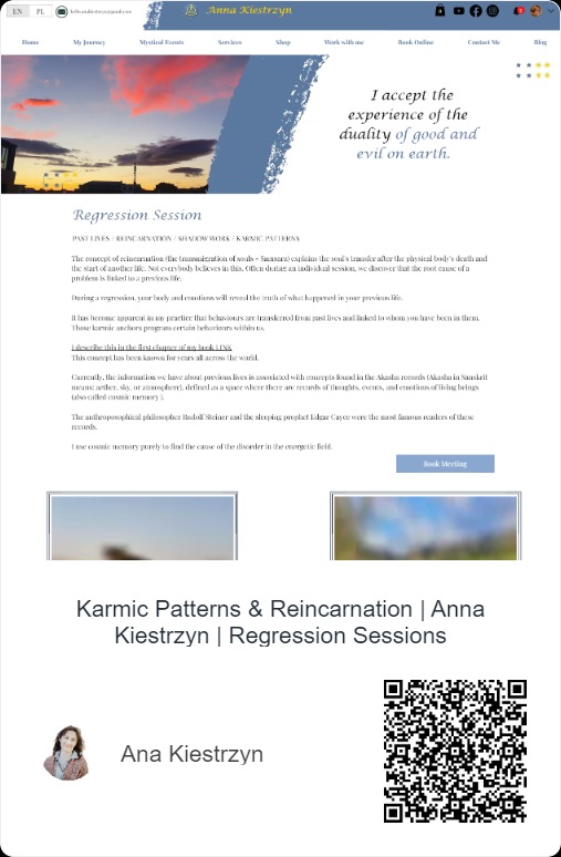 Strona internetowa z tekstem o regresji, reinkarnacji i wzorcach karmicznych, z nagłówkiem z zachodem słońca i przyciskiem 'Book Meeting'.