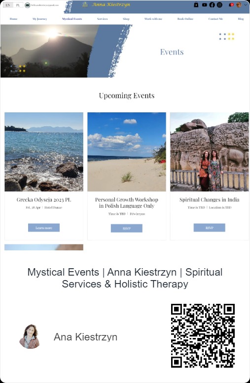 Strona internetowa z sekcją wydarzeń, prezentująca zdjęcia z podróży i warsztatów, logo i dane kontaktowe.