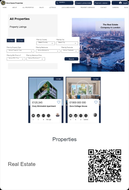 Układ strony internetowej agencji nieruchomości z filtrami wyszukiwania, ofertami apartamentów i widokiem na Londyn w tle.