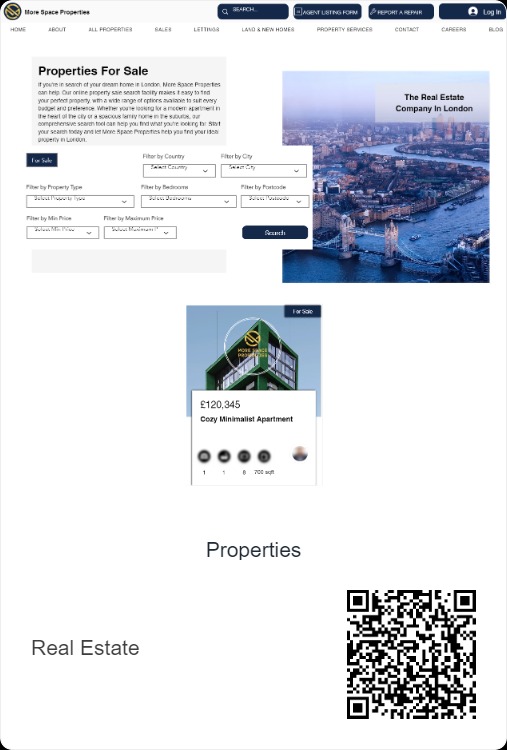 Zrzut ekranu strony internetowej z ofertami nieruchomości w Londynie, z filtrami wyszukiwania i wizualizacją apartamentu w stylu minimalistycznym.