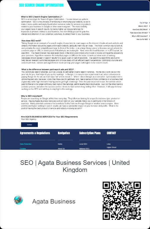 Zrzut ekranu strony internetowej Agata Business Services, prezentujący definicję i korzyści SEO, z menu nawigacyjnym i QR kodem na dole.