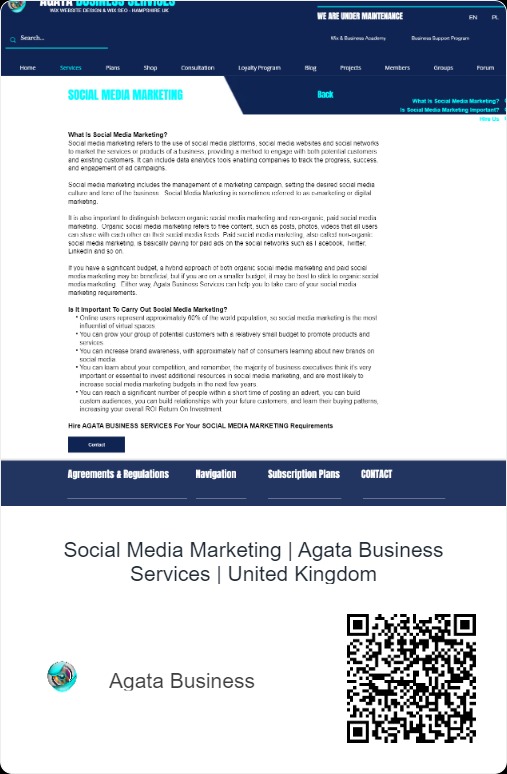 Screenshot of a website page titled 'Social Media Marketing' with explanations of what it is, its importance, and a call to action to hire Agata Business Services.