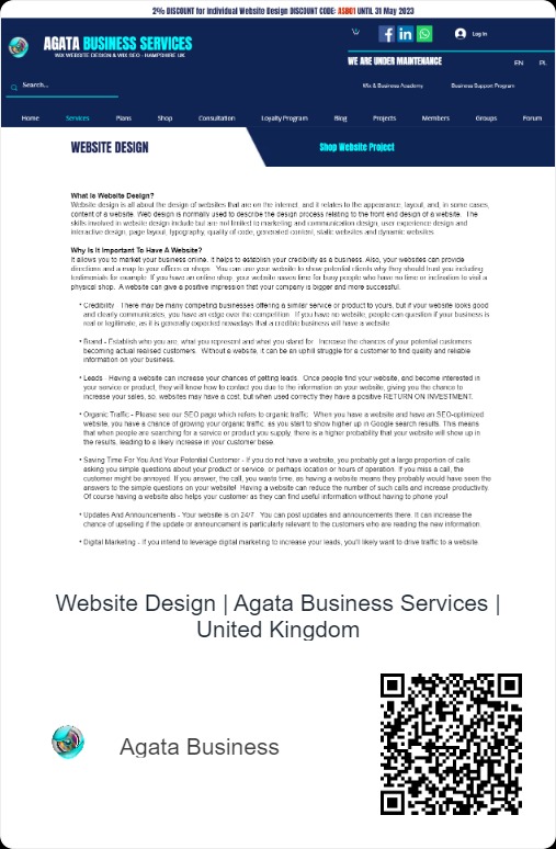 Tekst na stronie internetowej Agata Business Services z nagłówkiem 'Website Design' i opisem korzyści z posiadania strony internetowej, w tym informacje o SEO i oszczędności czasu.