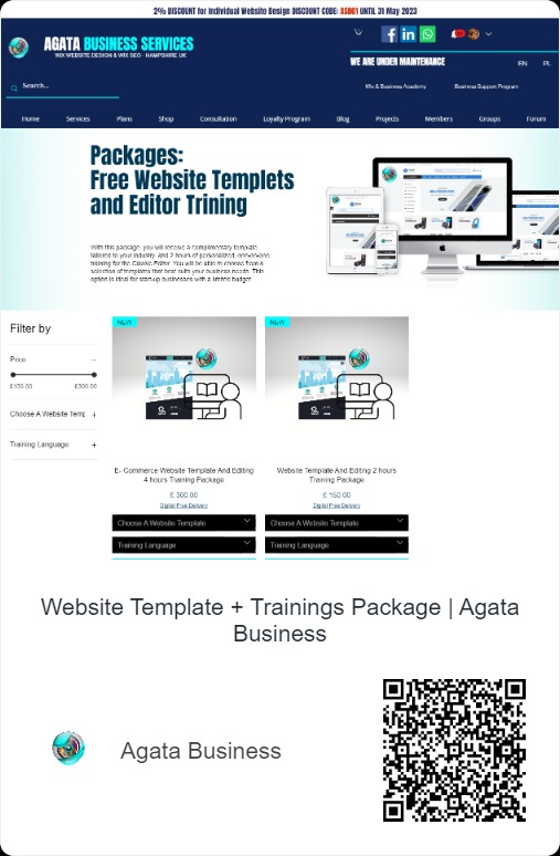 Strona internetowa oferująca darmowe szablony stron i szkolenia z edytora, prezentująca pakiety E-commerce i standardowe, z możliwością filtrowania cen i wyboru języka szkoleniowego.