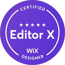 Fioletowy certyfikat Wix Designer z napisem Editor X i pięcioma gwiazdkami.