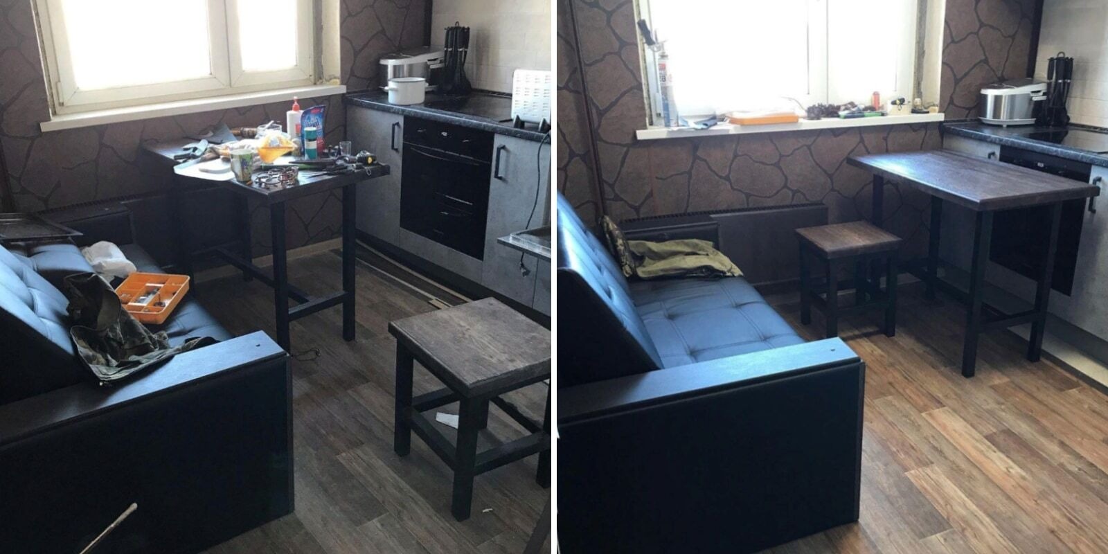 Wnętrze mieszkania z wyposażeniem przed sprzątaniem: bałagan na stole, narzędzia, kanapa i taboret.