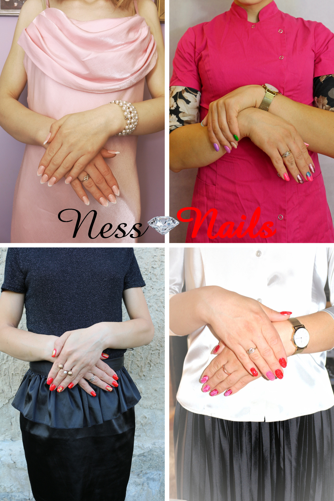 Kolaż czterech zdjęć prezentujących dłonie z różnymi stylizacjami paznokci: french manicure, kolorowe paznokcie z brokatem i wzorami, czerwone paznokcie z aplikacjami.