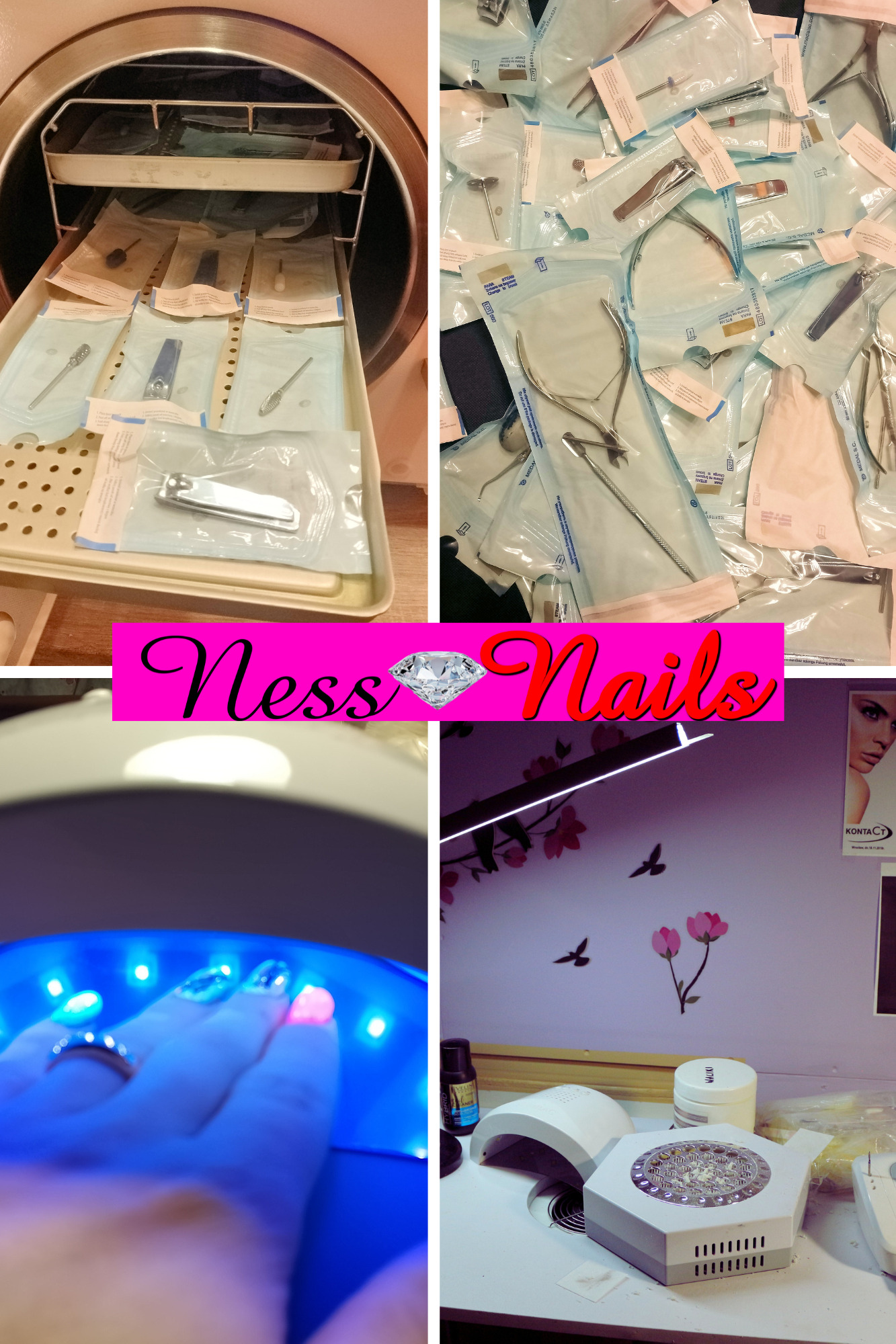Sterylizowane narzędzia do manicure w autoklawie i zapakowane, dłoń pod lampą UV oraz stanowisko pracy z lampami i pochłaniaczem pyłu w salonie Ness Nails.