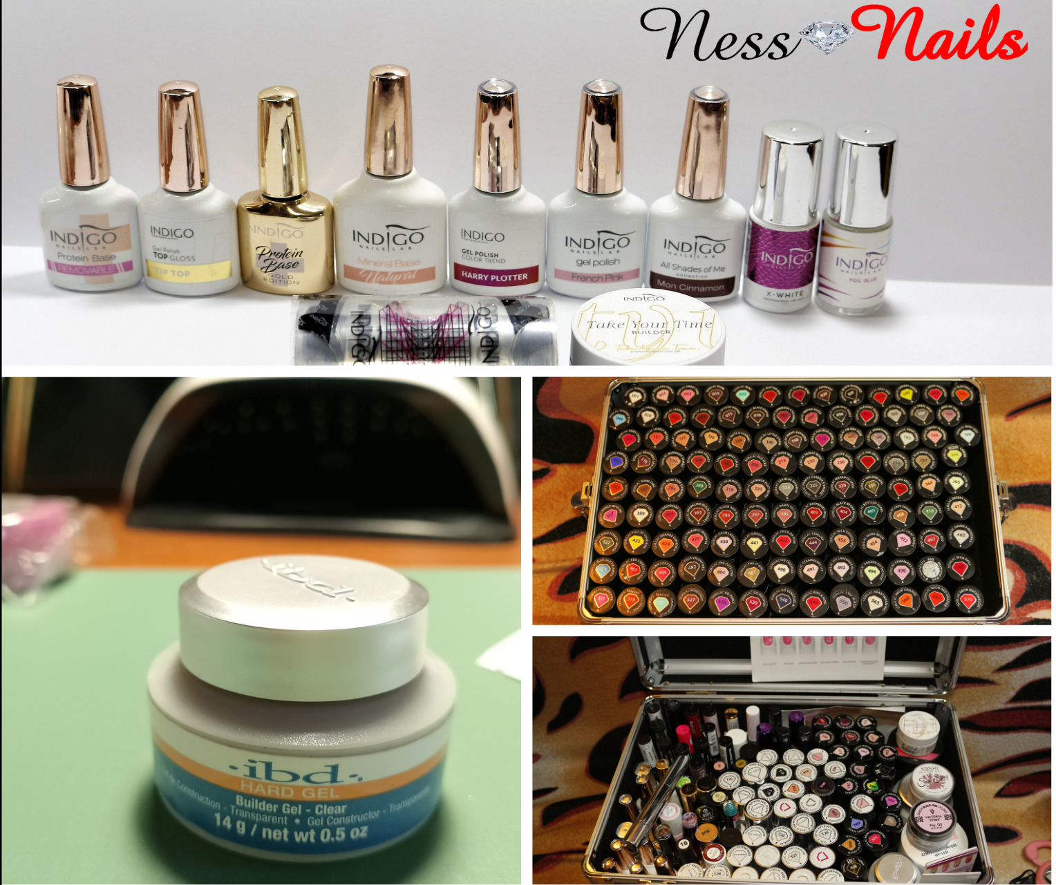 Zestaw produktów do stylizacji paznokci, w tym lakiery hybrydowe Indigo w różnych kolorach i odcieniach, bazy, topy oraz żel budujący IBD Hard Gel, prezentowane wraz z lampą UV i kuferkiem pełnym...