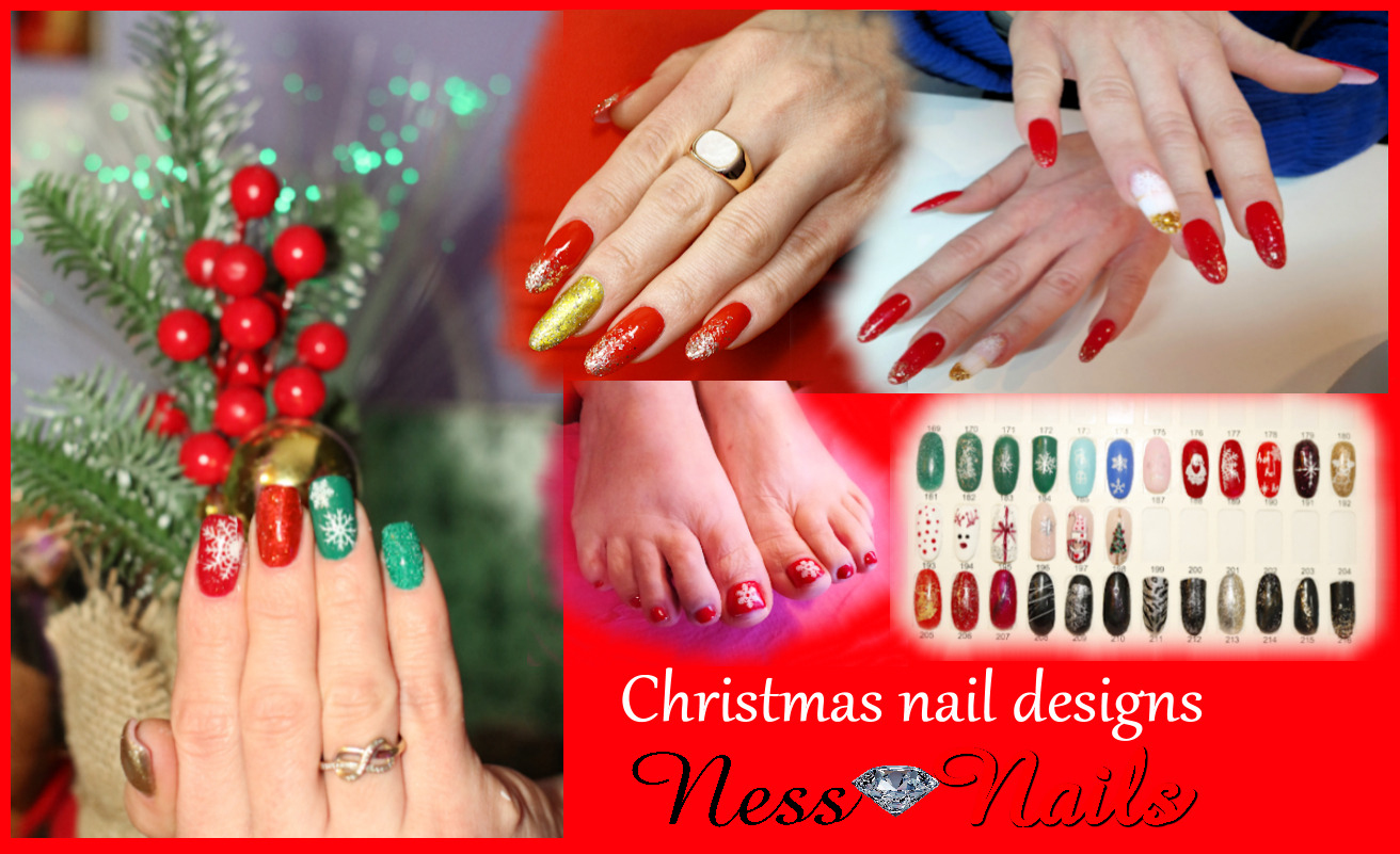 Kompozycja świątecznych stylizacji paznokci dłoni i stóp w czerwieni, zieleni i złocie, z wzorami płatków śniegu, prezentowanych obok choinki i palety kolorów.