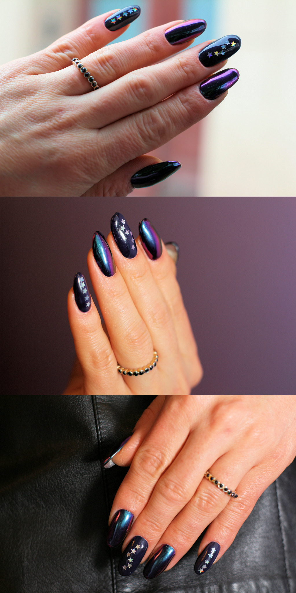 Błyszczące, ciemne paznokcie z motywem gwiazd w odcieniach fioletu i granatu, prezentowane na dłoni z pierścionkiem, wykonane we Wrocławiu.