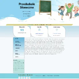 Projekt strony internetowej przedszkola z ilustracjami dzieci, menu nawigacyjnym, danymi kontaktowymi i kalendarzem, utrzymany w jasnej kolorystyce.