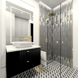 LK-Home Lidia Kowalczyk - Wizualizacja nowoczesnej łazienki z kabiną prysznicową ze złotymi elementami, umywalką nablatową na czarnej szafce z ryflowanymi frontami i dużym lustrem z podświetleniem LED.