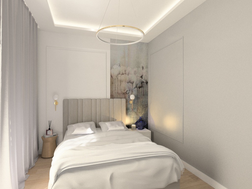 Nowoczesna sypialnia z beżowym tapicerowanym zagłówkiem, okrągłą lampą sufitową i ścianą z motywem flamingów. Na stoliku nocnym niebieski wazon i złota lampka ścienna.