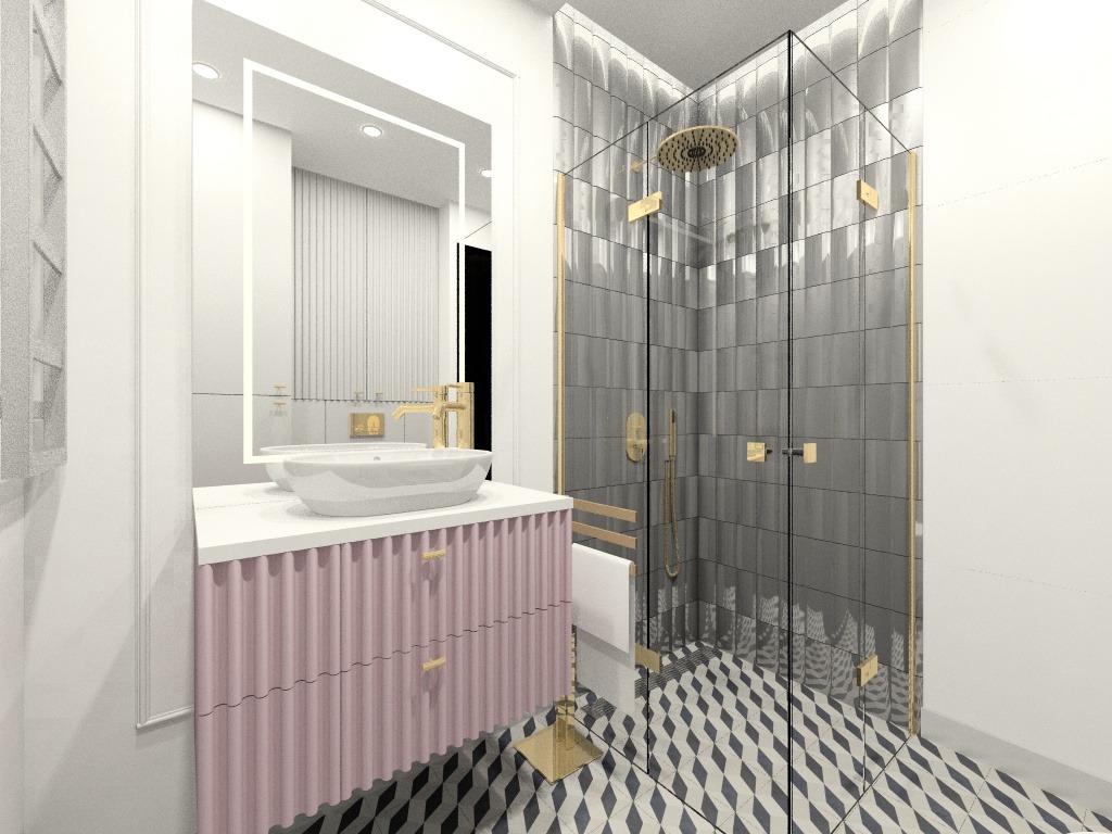 Wizualizacja łazienki z umywalką nablatową na różowej szafce z ryflowanym frontem, złotą armaturą i kabiną prysznicową ze szklanymi drzwiami w złotych ramach na podłodze w geometryczny wzór.