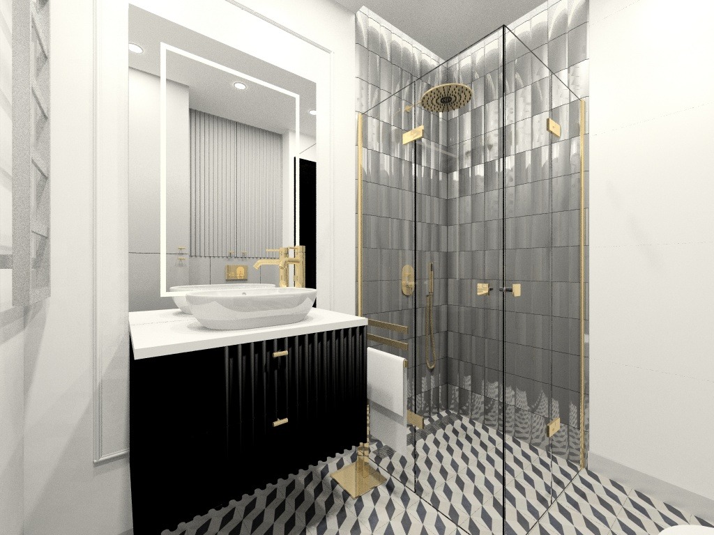 Wizualizacja nowoczesnej łazienki z kabiną prysznicową ze złotymi elementami, umywalką nablatową na czarnej szafce z ryflowanymi frontami i dużym lustrem z podświetleniem LED.