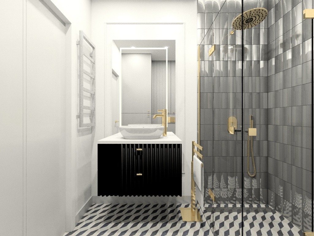 Nowoczesna łazienka z kabiną prysznicową typu walk-in, umywalką nablatową na czarnej szafce z ryflowanymi frontami, grzejnikiem drabinkowym i podłogą w geometryczny wzór.