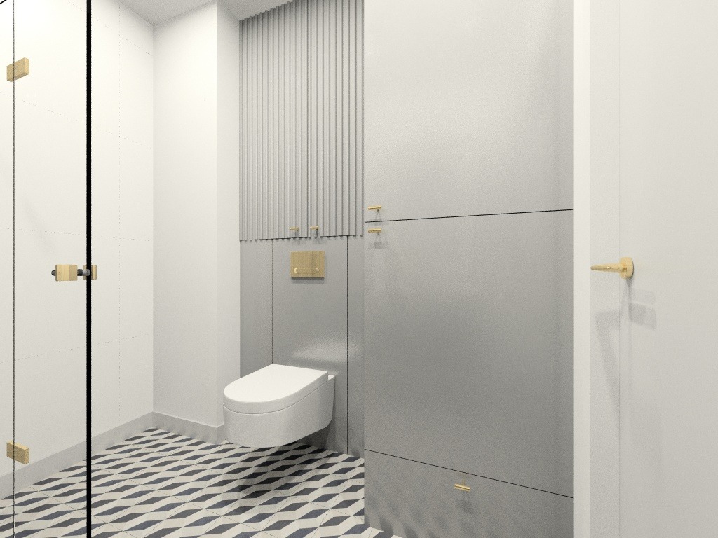 Nowoczesna łazienka z wiszącą toaletą, szarą zabudową meblową i geometryczną podłogą w odcieniach bieli i granatu, akcenty w kolorze złotym.
