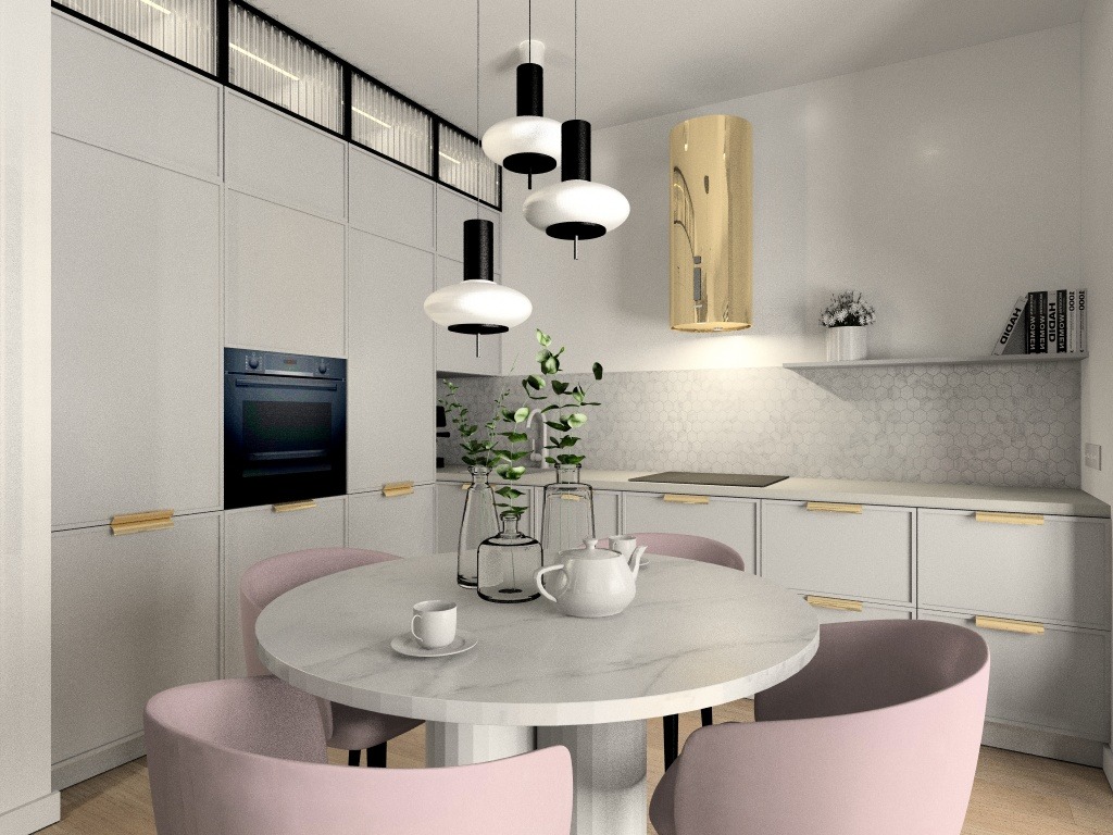 Wizualizacja jasnej kuchni z okrągłym stołem i różowymi krzesłami, minimalistyczne szafki z poziomymi złotymi uchwytami, złoty okap cylindryczny, lampy wiszące z czarnymi akcentami.