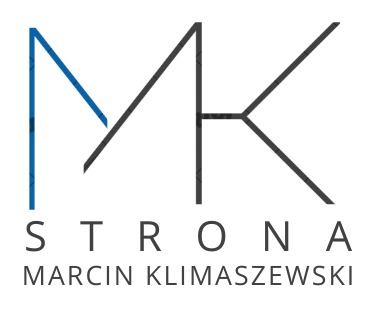 Logo firmy MK STRONA Marcin Klimaszewski. Litera M z niebieskim pionowym elementem, litera K w kolorze czarnym. Pod literami napis STRONA oraz imię i nazwisko Marcin Klimaszewski.