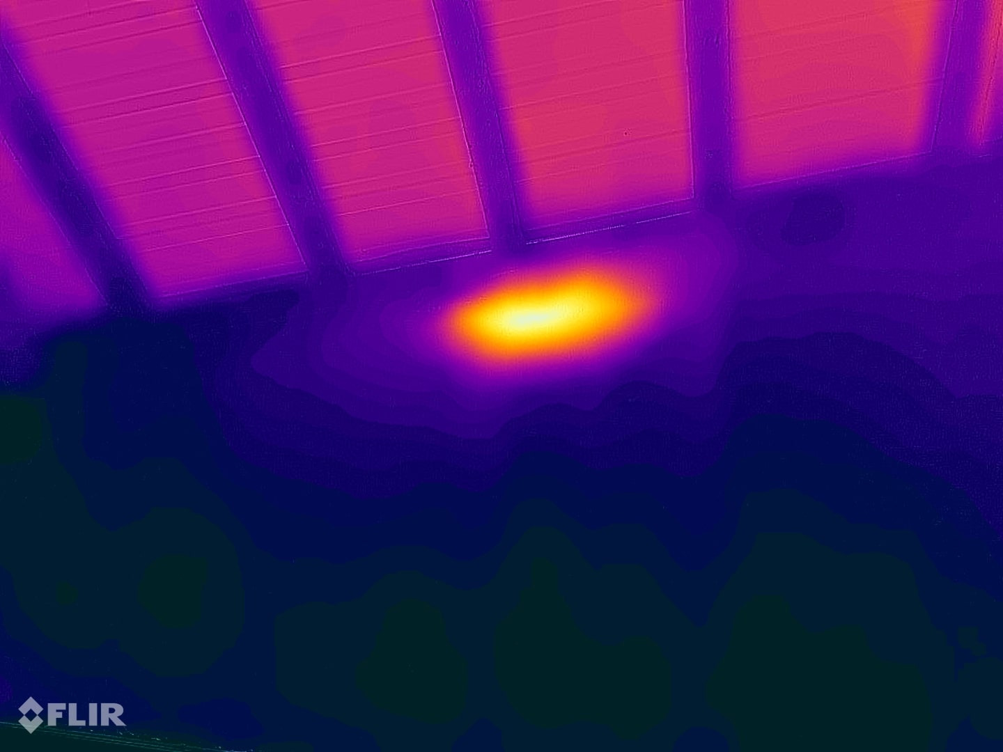 Termowizyjne badanie sufitu, uwidaczniające obszar o podwyższonej temperaturze, potencjalne gniazdo owadów.