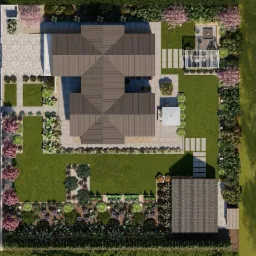 Widok z góry na projekt zagospodarowania terenu wokół domu z uwzględnieniem trawnika, nasadzeń roślinnych, ścieżek z płyt, altany z grillem i miejsca do siedzenia oraz zadaszonego tarasu.