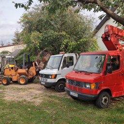 Amplus Arkadiusz Mazurek Wykopy koparkami Alarmy Elektryka Monitoring - Różnorodny sprzęt budowlany: koparki, minikoparki i podnośniki koszowe Mercedes-Benz, ustawione na trawiastym terenie, w tle budynki i drzewa.
