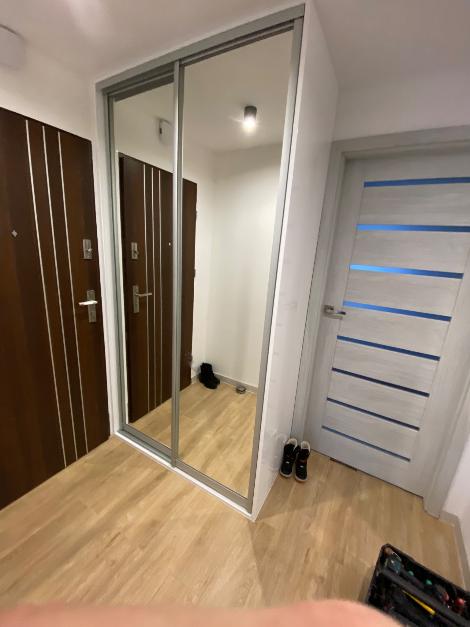 Wnętrze przedpokoju z zabudowaną szafą przesuwną z lustrzanymi drzwiami, widoczne dwie pary butów i skrzynka z narzędziami na podłodze.