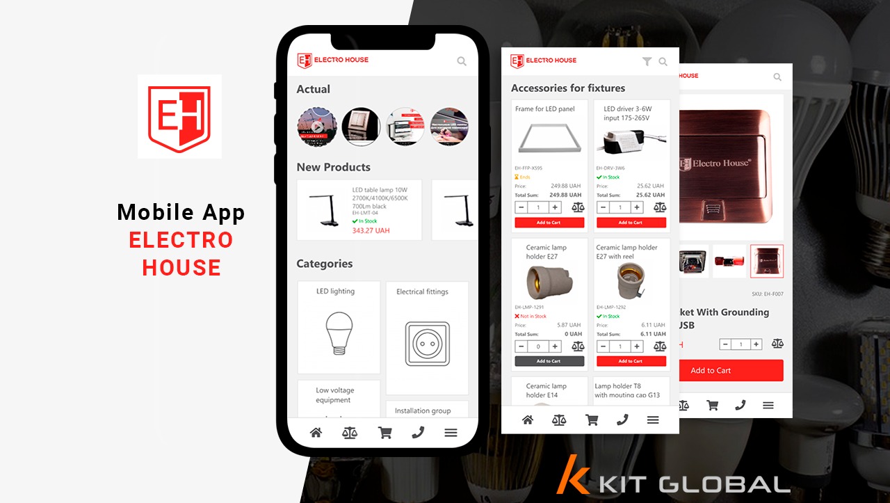 Aplikacja mobilna Electro House prezentuje ofertę lamp LED, opraw oświetleniowych, akcesoriów i osprzętu elektrycznego. Widoczne kategorie: oświetlenie LED, osprzęt elektryczny, nisko napięciowy...