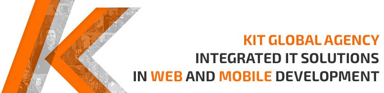 Logo firmy KIT GLOBAL AGENCY oferującej zintegrowane rozwiązania IT w zakresie tworzenia aplikacji webowych i mobilnych, z pomarańczowym, stylizowanym literałem 'K' zawierającym kolaż zdjęć.