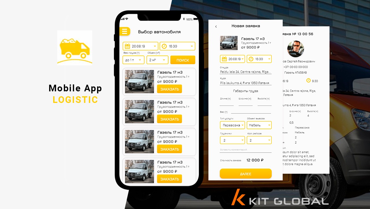 Ekran telefonu prezentujący interfejs mobilnej aplikacji do zamawiania transportu, z listą dostępnych pojazdów i formularzem zamówienia, w tle fragment samochodu dostawczego.