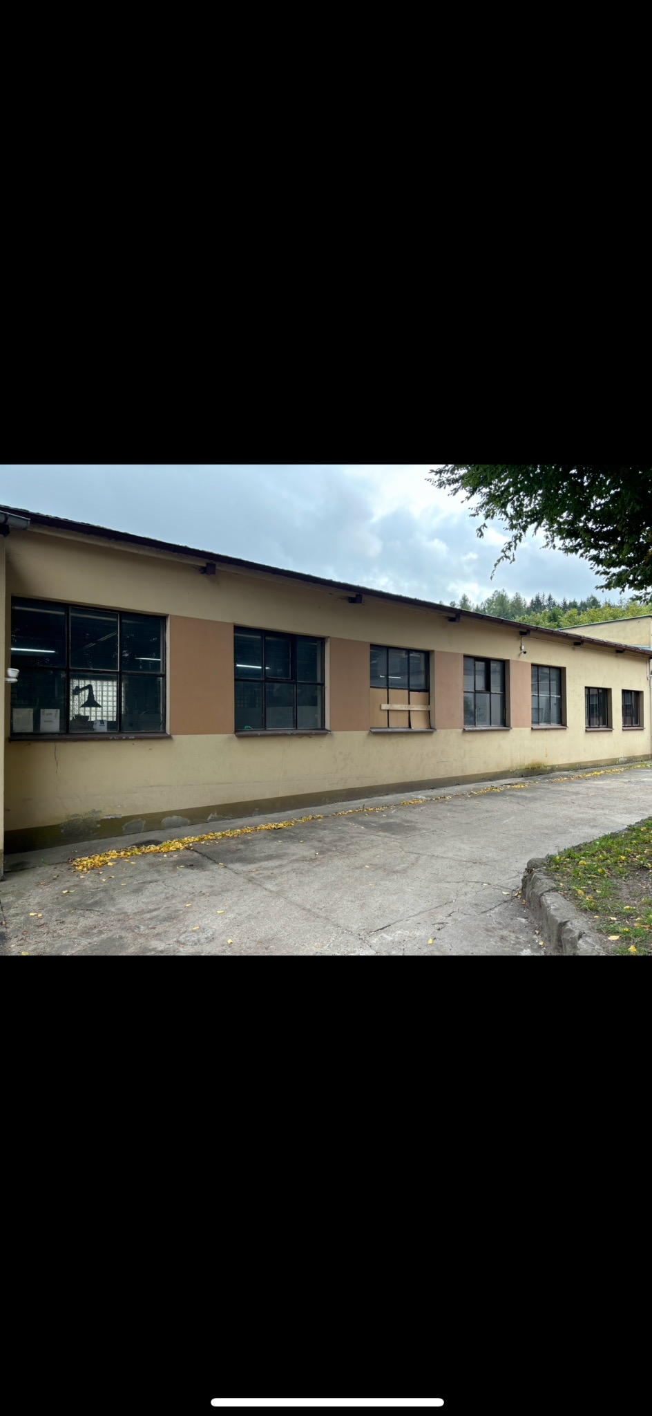 Fasada budynku przemysłowego z rzędem okien o ciemnych ramach, niektóre z nich zabezpieczone płytami, z widocznymi śladami użytkowania i opadłymi liśćmi na betonowym chodniku.