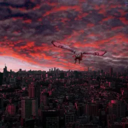 Grafika przedstawia sowę lecącą nad miastem o zachodzie słońca z czerwonymi chmurami na niebie.