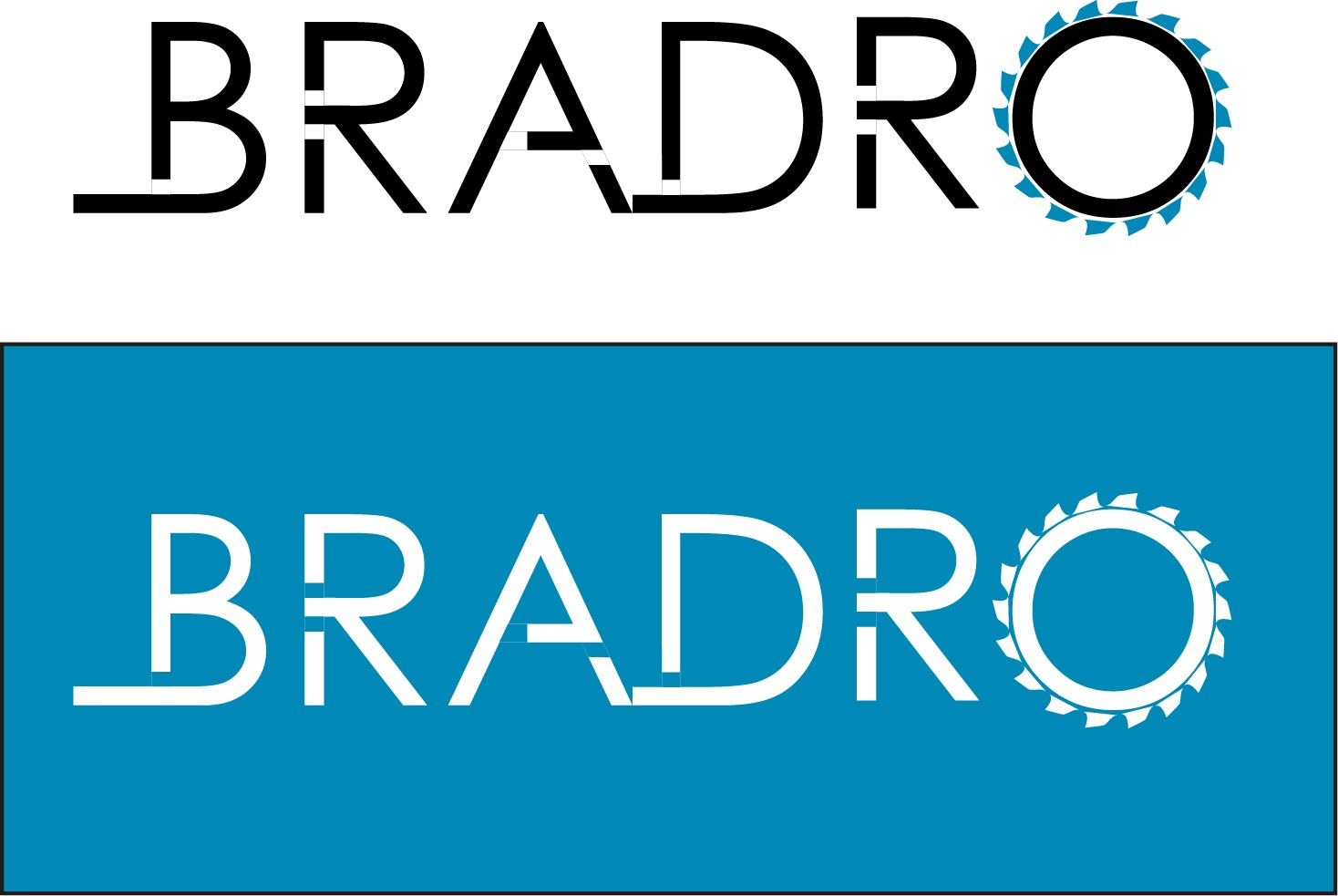 Dwa warianty logo 'BRADRO' z elementem graficznym przypominającym piłę tarczową: czarny na białym tle i biały na niebieskim tle.