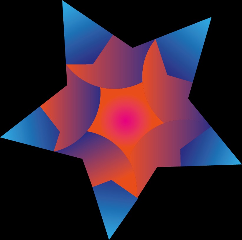 Abstrakcyjna, gradientowa gwiazda z nakładającymi się półokręgami w odcieniach niebieskiego, fioletu i pomarańczu na czarnym tle.