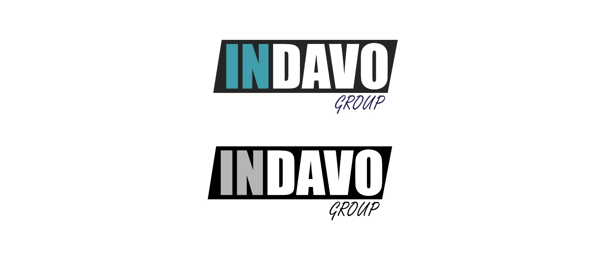 Dwa warianty logotypu 'INDAVO GROUP' na białym tle: jeden w kolorze turkusowym i niebieskim, drugi w odcieniach szarości i czerni.
