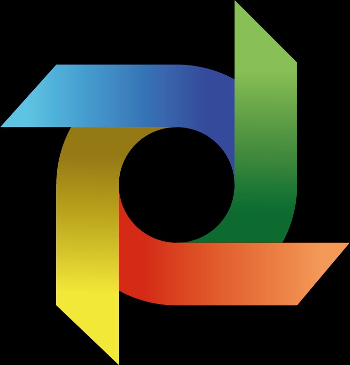 Abstrakcyjny, wielokolorowy symbol na czarnym tle, przypominający spiralę z elementami niebieskiego, żółtego, czerwonego, pomarańczowego i zielonego, otaczający centralny, okrągły otwór.