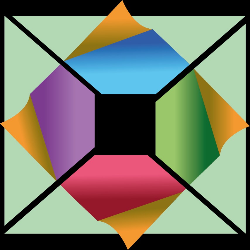 Abstrakcyjna kompozycja z kolorowych kwadratów z efektem odklejania rogu, otoczonych czarnymi liniami na jasnym tle.