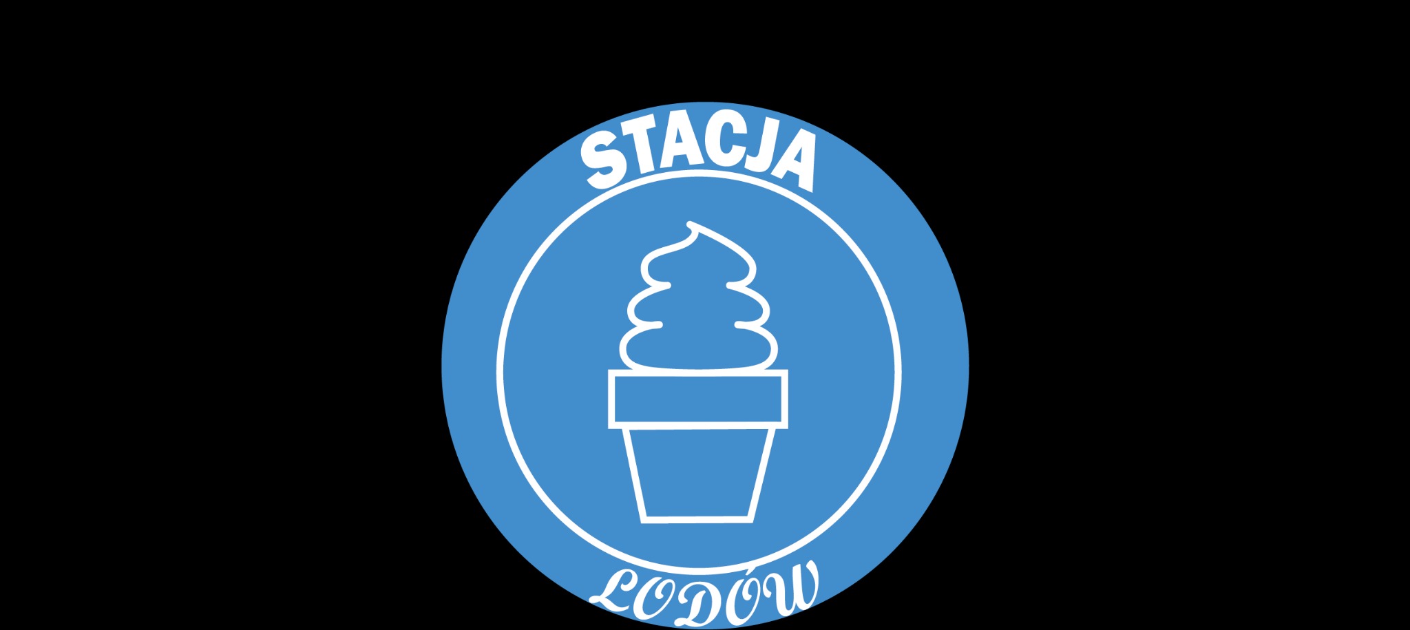 Niebieskie logo 'Stacja Lodów' z białym obrysem w kształcie lodowego deseru w wafelku na czarnym tle.