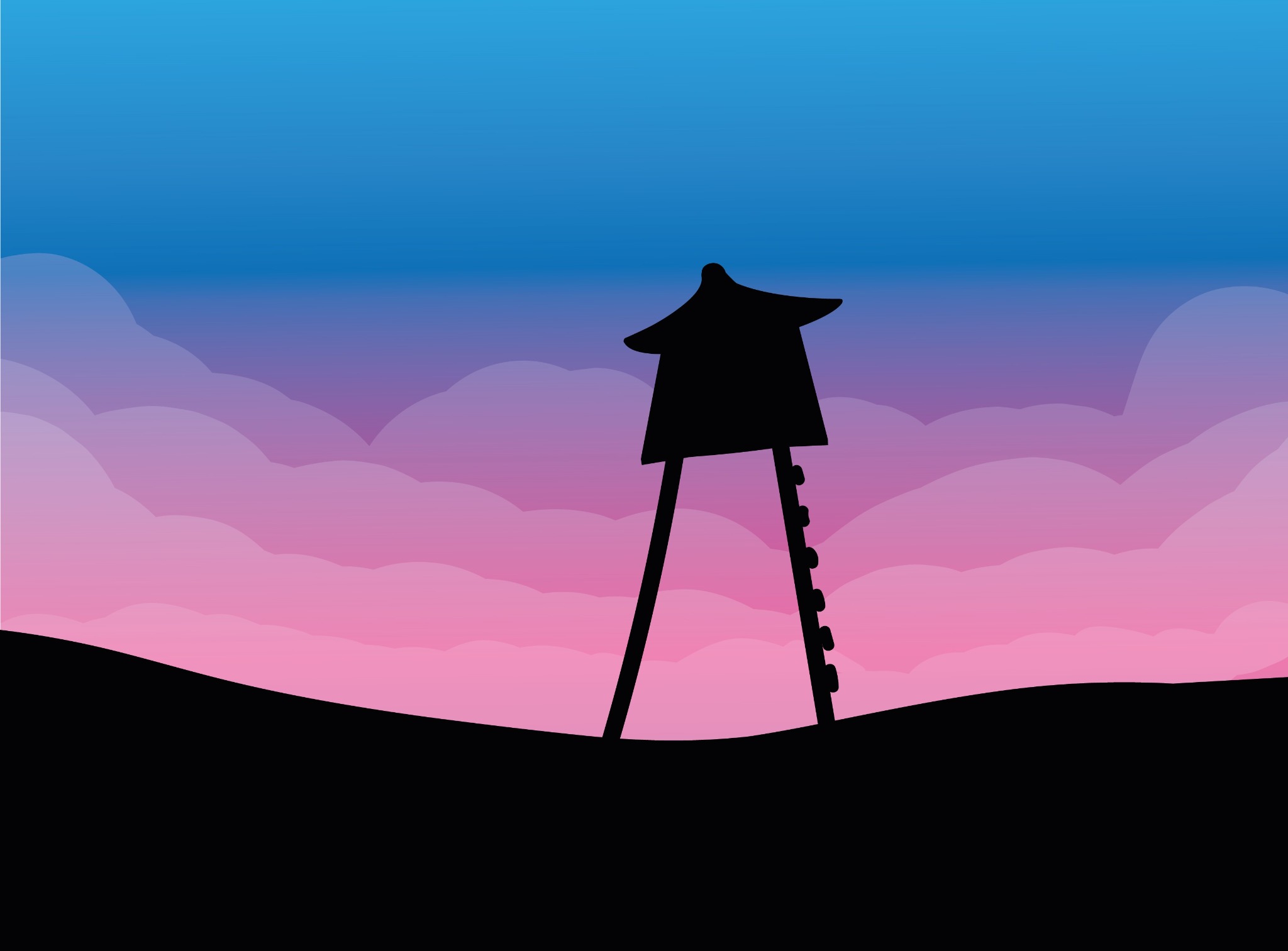 Sylwetka wieży obserwacyjnej z drabiną na tle gradientowego nieba w odcieniach błękitu i różu.