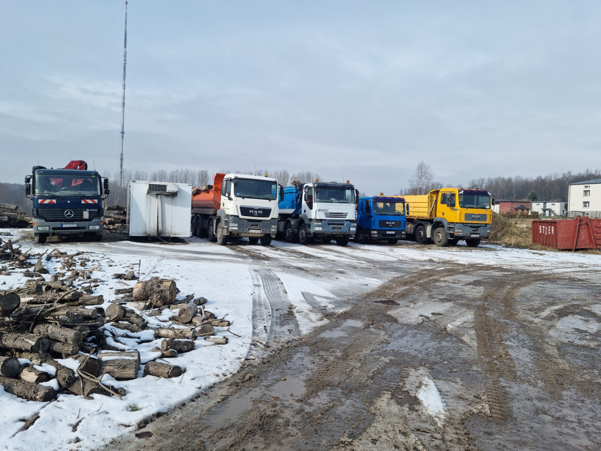 Rząd zaparkowanych ciężarówek MAN różnych kolorów na placu budowy z błotnistą nawierzchnią i stertą pociętych pni drzew w zimowej scenerii.