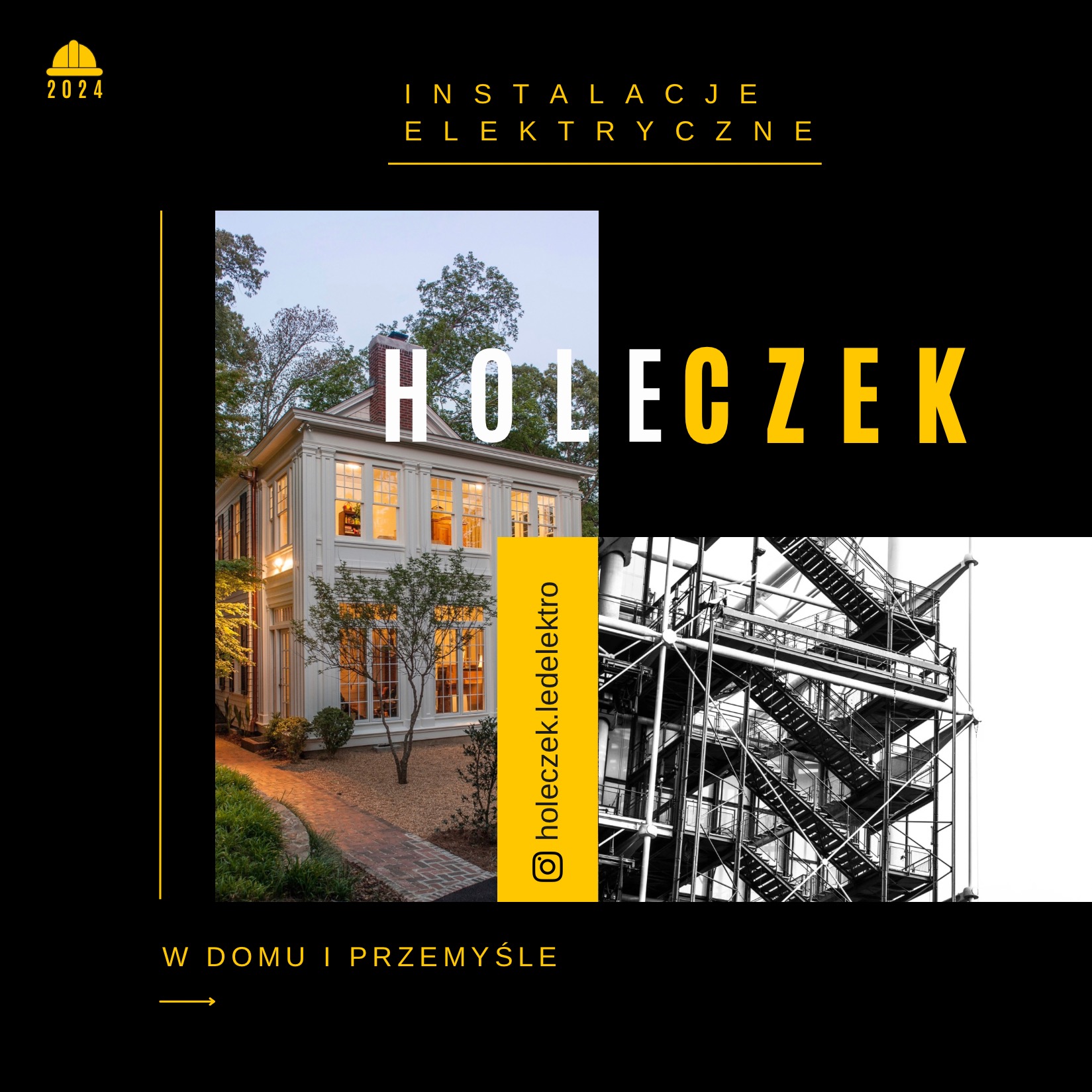 Grafika reklamowa: Po lewej oświetlony budynek mieszkalny z zapalonymi światłami w oknach, po prawej metalowa konstrukcja przemysłowa z licznymi schodami, na czarnym tle napis 'Instalacje...